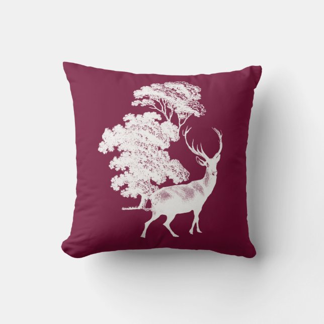 Elegant Vintage Deer in Woodland Burgundy White Cushion (Front)