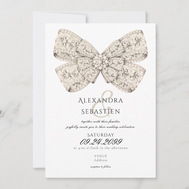 Elegant Vintage Diamonds Beige Bow Script Wedding Invitation (Front)