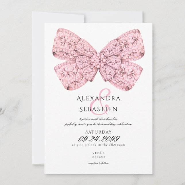 Elegant Vintage Diamonds Pink Bow Script Wedding Invitation (Front)