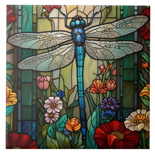 Elegant vintage dragonfly art boho chic botanical  tile (Front)