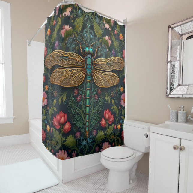 Elegant Vintage dragonfly boho botanical  Shower Curtain (In Situ)