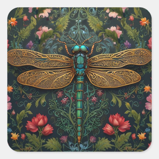Elegant Vintage dragonfly boho botanical  Square Sticker (Front)