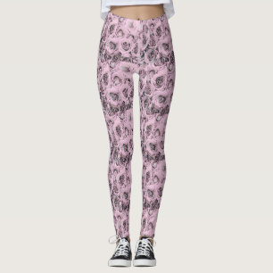 Elegant Vintage Drawing of pink black grey roses Leggings