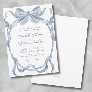 Elegant Vintage Dusty Blue Bow Wedding Invitation