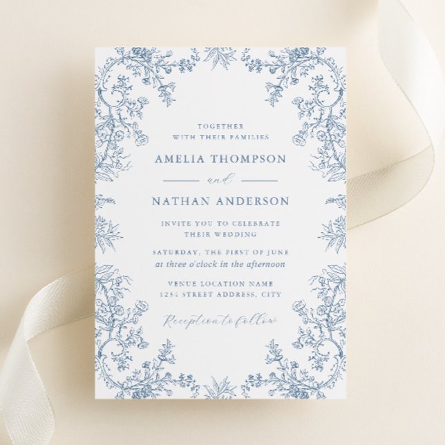 Elegant Vintage Dusty Blue Floral Wedding Invitation (Creator Uploaded)