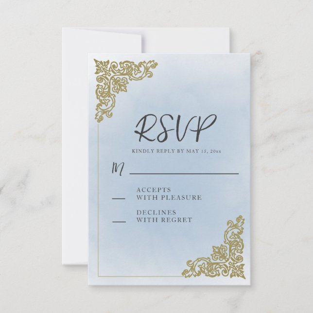 Elegant Vintage Dusty Blue Gold  RSVP Card (Front)
