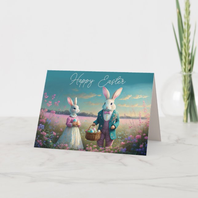 Elegant Vintage Easter bunny boy and girl Card (Front)
