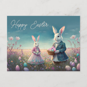 Elegant Vintage Easter bunny boy and girl Postcard