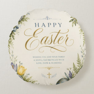 Elegant Vintage Easter Egg Greeting and Pastel Round Cushion