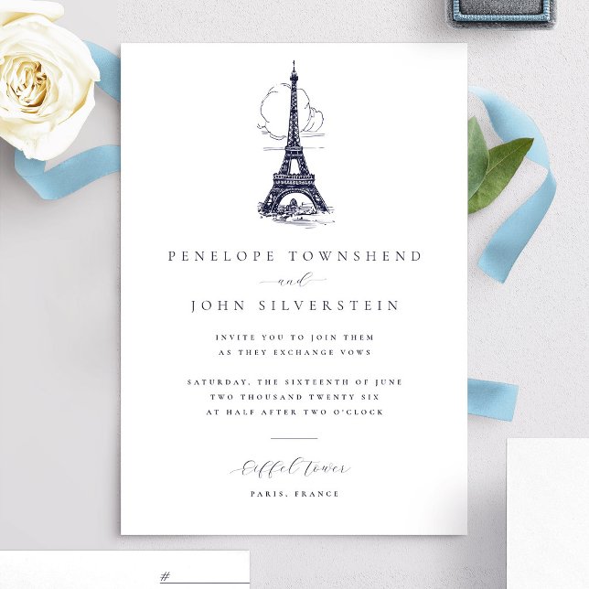 Elegant Vintage Eiffel Tower Illustration Wedding Invitation (Elegant white wedding invitation with an illustration of the Eiffel Tower)
