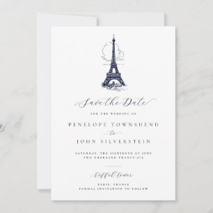 Elegant Vintage Eiffel Tower Illustration Wedding Save The Date