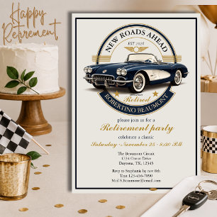 Elegant Vintage Emblem Blue Car Retirement Party Invitation