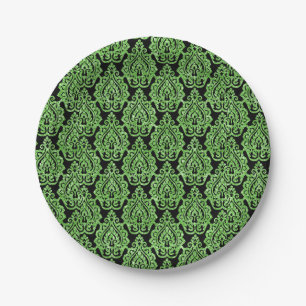 Elegant Vintage Emerald Green Black Damask Pattern Paper Plate
