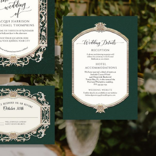 Elegant Vintage Emerald n Gold Wedding Details Invitation (Creator Uploaded)