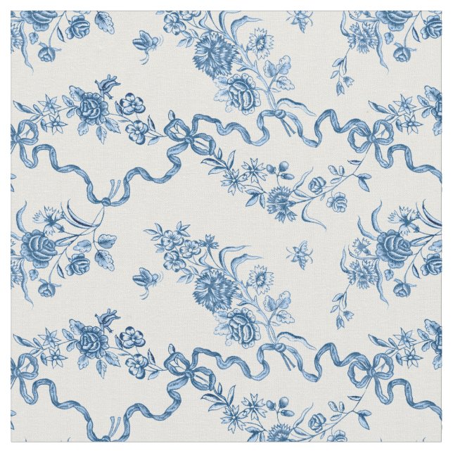 Elegant Vintage Engraved Blue Roses and Ribbons Fabric (Close Up)