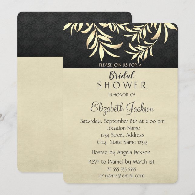 Elegant Vintage Faux Gold Leaves  Bridal Shower Invitation (Front/Back)