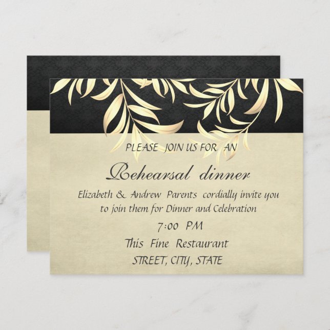 Elegant Vintage Faux Gold Leaves  Rehearsal Dinner Invitation (Front/Back)
