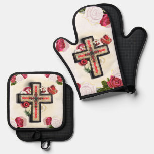 Elegant Vintage Floral and Butterfly Cross Oven Mitt & Pot Holder Set