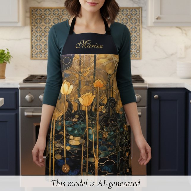Elegant Vintage Floral Apron (elegant black gold vintage art nouveau floral apron with custom name in beautiful script calligraphy)