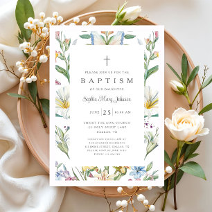 Elegant Vintage Floral Baby Girl Baptism Invitation