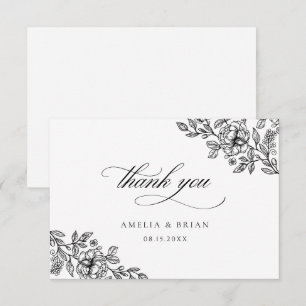 Elegant Vintage Floral Black White Script Wedding Thank You Card