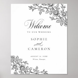 Elegant Vintage Floral Black White Wedding Welcome Poster