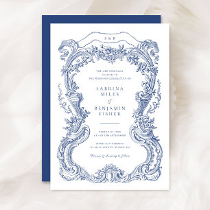 Elegant Vintage Floral Blue Toile Frame Wedding Invitation