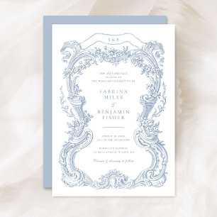 Elegant Vintage Floral Blue Toile Frame Wedding Invitation