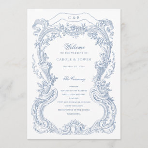 Elegant Vintage Floral Blue Toile Frame Wedding Programme