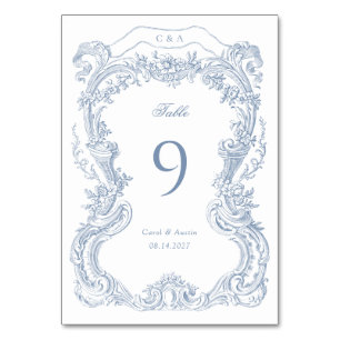 Elegant Vintage Floral Blue Toile Wedding Table Number