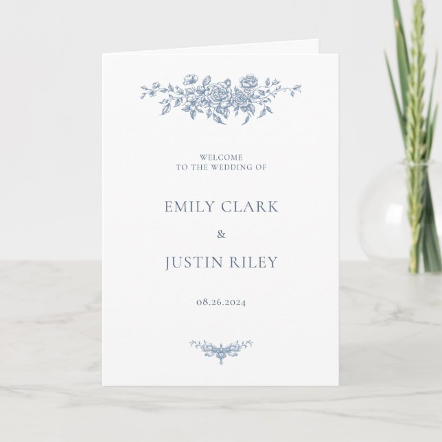 Elegant Vintage Floral Blue Wedding Booklet Programme (Front)