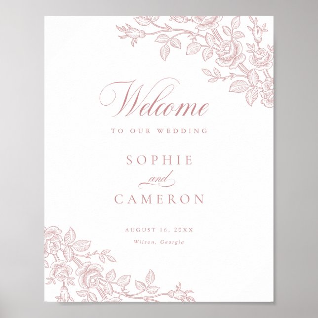 Elegant Vintage Floral Blush Pink Wedding Welcome Poster (Front)