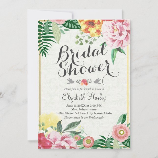 Elegant Vintage Floral Bridal Shower Invitations (Front)