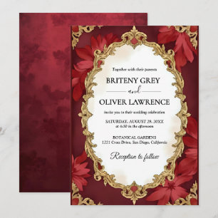 Elegant Vintage floral Burgundy and Gold Wedding Invitation