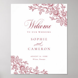 Elegant Vintage Floral Burgundy Wedding Welcome Poster