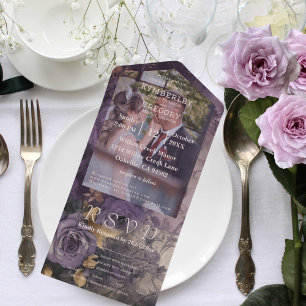 Elegant Vintage Floral Dark Plum Purple Photo  All In One Invitation