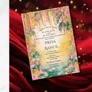Elegant Vintage Floral Elephants Indian Wedding Invitation