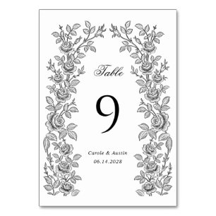 Elegant Vintage Floral Frame Black White Wedding Table Number