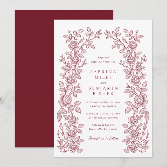 Elegant Vintage Floral Frame Burgundy Wedding Invitation (Front/Back)