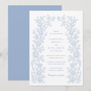 Elegant Vintage Floral Frame Dusty Blue Wedding Invitation