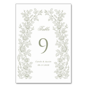 Elegant Vintage Floral Frame Sage Green Wedding Table Number