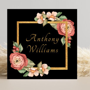 Elegant Vintage Floral Gold Border Typography  Square Business Card