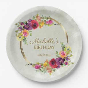 Elegant Vintage Floral Gold Frame Women's Birthday Paper Plate