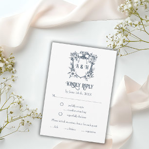 Elegant Vintage Floral & Monogram Crest Wedding RSVP Card