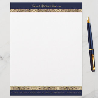 Elegant Vintage Floral Navy Blue Gold Roses Script Custom Letterhead
