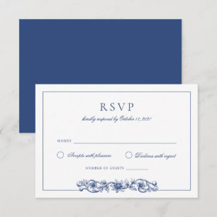 Elegant Vintage Floral Navy Blue Wedding RSVP Invitation