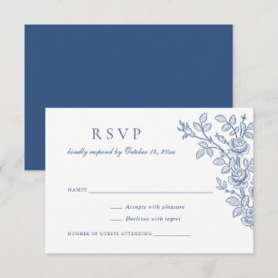Elegant Vintage Floral Navy Blue Wedding RSVP Invitation