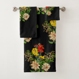 Elegant Vintage Floral on Black  Bath Towel Set