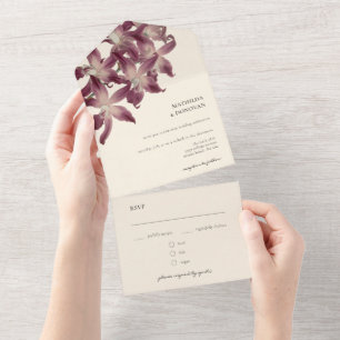 Elegant Vintage Floral Orchid Purple Cream Wedding All In One Invitation
