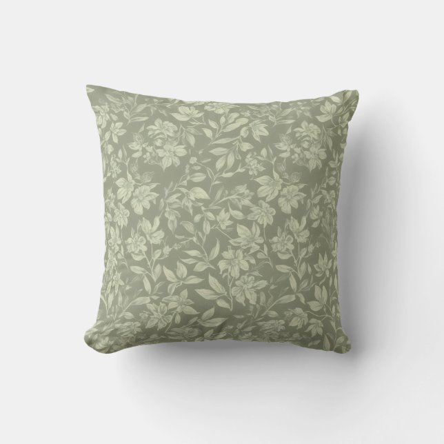 Elegant Vintage Floral Pattern Sage Green Cushion (Front)